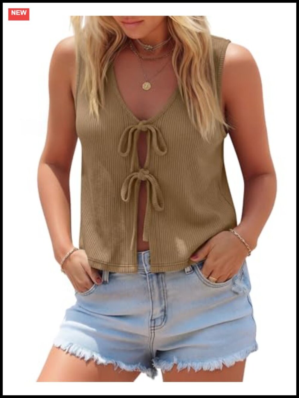 Women's Cotton Blend Ribbed Knit Tie Front Sweater Vest Sleeveless V-Neck